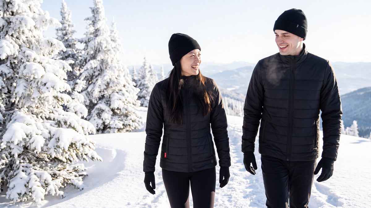 Un homme et une femme marchent en riant sur un sentier enneigé de montagne, en manteaux chauffants Heatlover noirs, tuques et gants, des épinettes chargées de neige et des sommets blancs derrière eux.